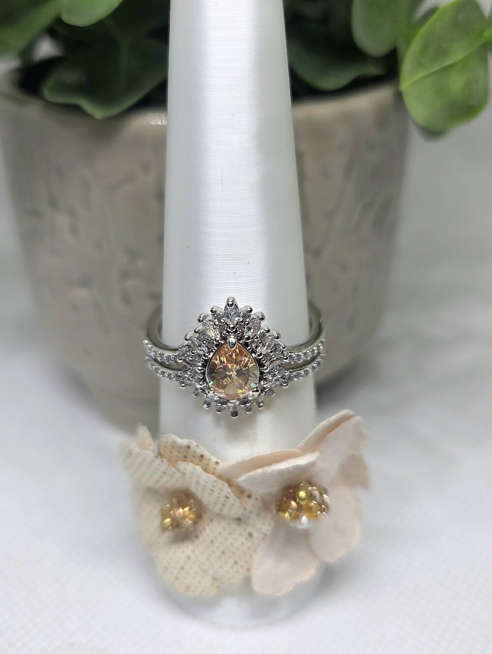 BP Topaz CZ Teardrop Halo Ring On Rhodium Plating